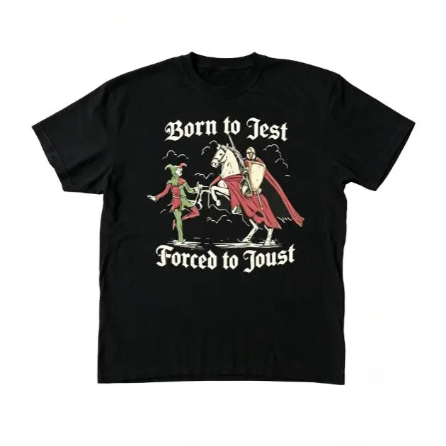 Born To Jest Forced To Joust Medieval Knight Jester Vintage Gothic Graphic Short Sleeve T-Shirt, Unisex Summer Vacation Back To School Renaissance Fair Casual Tops, 100% Pure Cotton Printed Craft Summervibes Tee, Soft Breathable Relaxed Fit everyday outfi