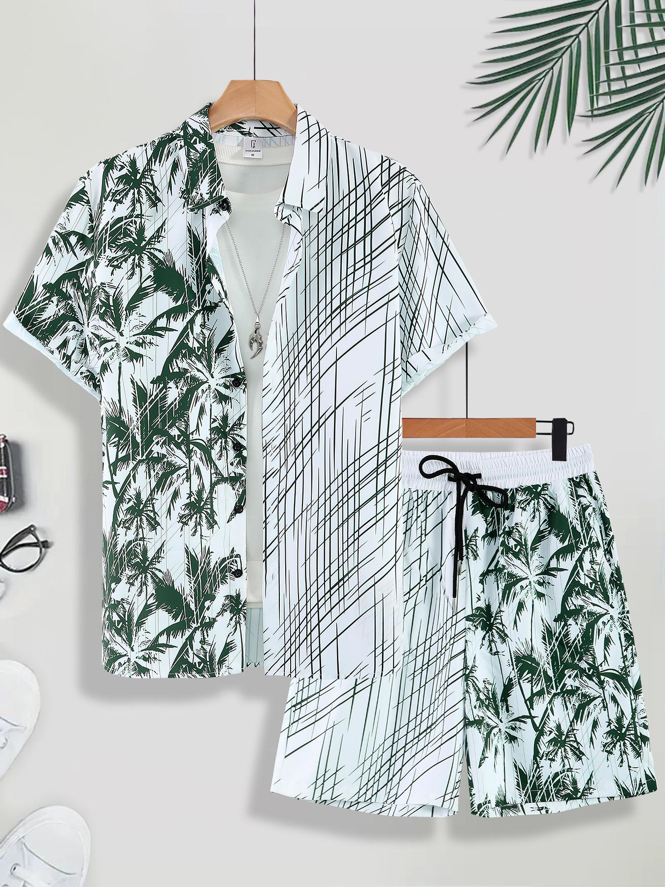 Two-Piece Set Men's Various Pattern Print Short Sleeve Pajama, Regular Fit Casual Comfy Button Front Collared Top & Drawstring Waist Pocket Design Shorts PJ Set, Men's Summer Sleepwear, Casual Pajamas Outfit