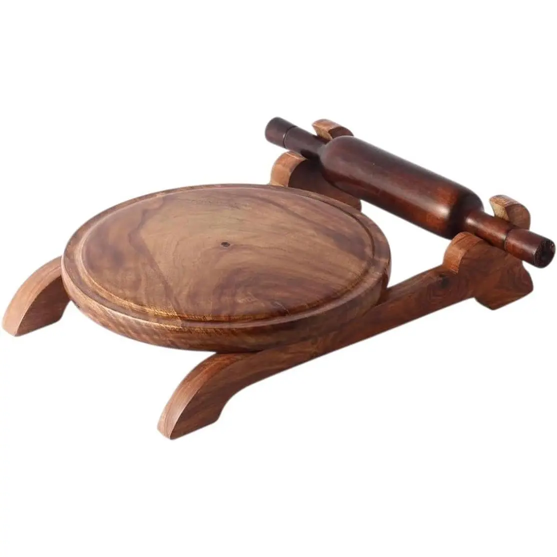 Handcrafted Sheesham Wooden Chakla Belan Set with Stand, Roti Chapati Rolling Board & Rolling Pin Combo, Round Dough Board for Kitchen Cooking