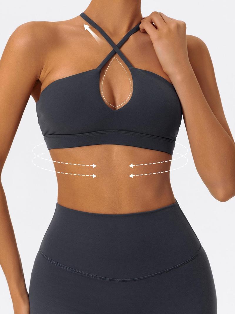 Women's Solid Color Criss Cross Athletic Fitted Sports Bra, High Stretch Breathable Comfortable Quick Drying Adjustable Spaghetti Strap Backless Wireless Sports Bra, Ladies Sportswear for Indoor Outdoor Wear