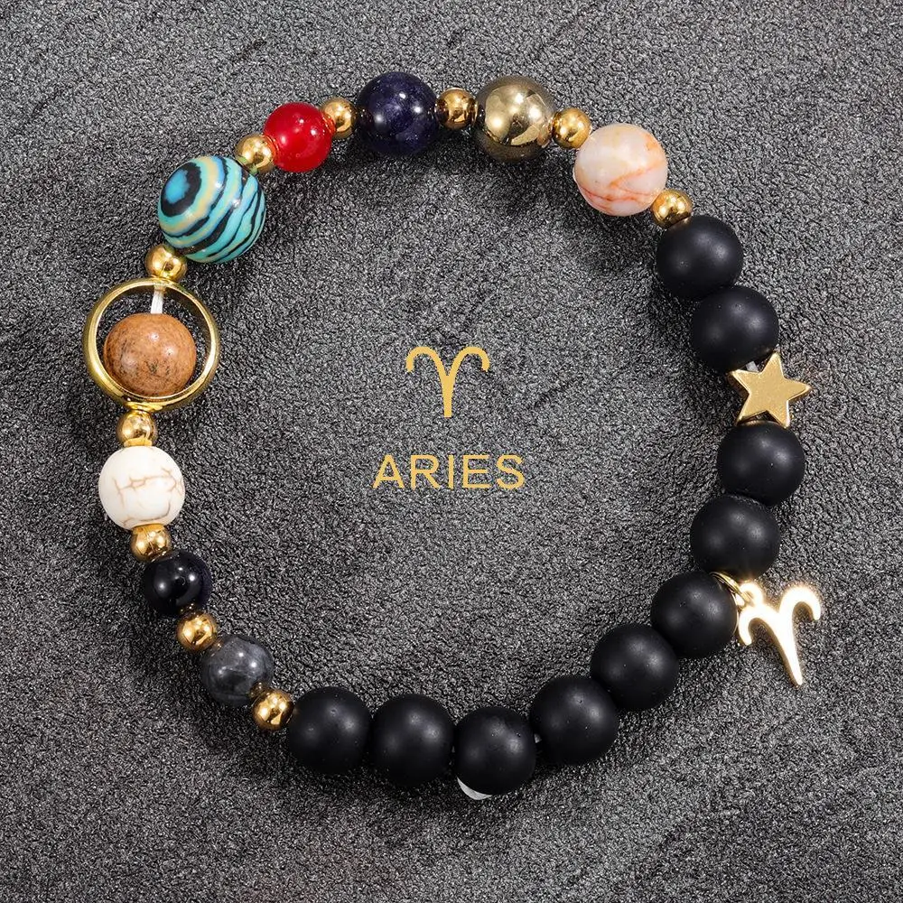 12 Constellation Bracelet Gift - Galaxy Planet & Natural Stone Jewelry, Perfect Zodiac Present for Her Birthday or Christmas