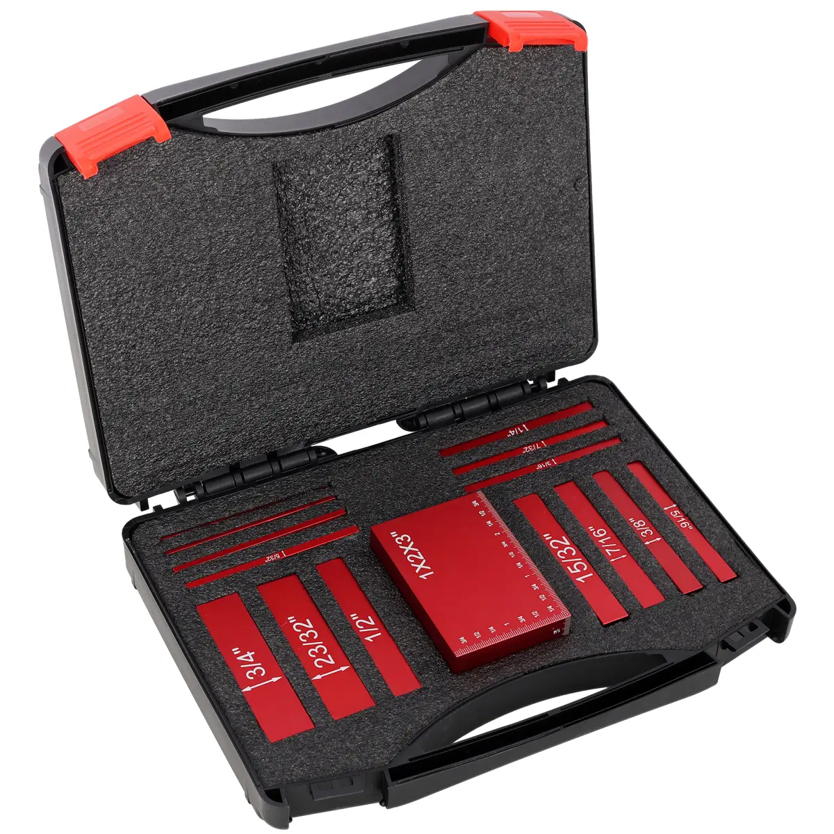 Woodworkers' 15-Piece Precision Aluminum Setup Block Set - Red Anodized Laser Engraved Inch Gauge Bars, Stackable Woodworking Reference Blocks for Table Saw, Router Calibration