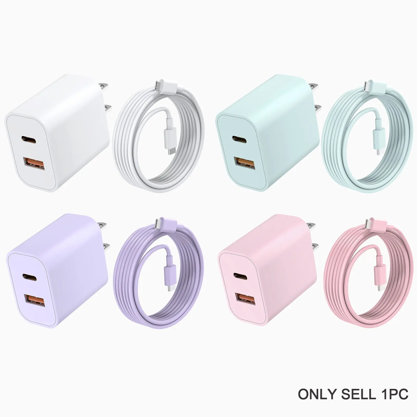20W Dual Charge Ports PD WALL Charge&20W Colorful USB C Charger Block with 10FT USB C to C Cable for iPhone16/15 Pro/15 Plus/iPad Pro,Portable Fast Charging Set