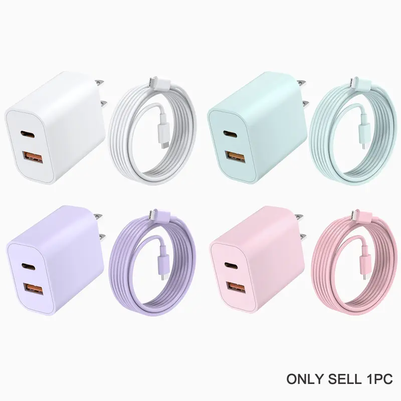 20W Dual Port PD Wall Charger, Colorful USB C Cell Phone Charger Block with 10-Foot USB C to C Cable for iPhone 16/15 Pro/15 Plus/iPad Pro, Portable Fast Charging Set, PD Power Adapter