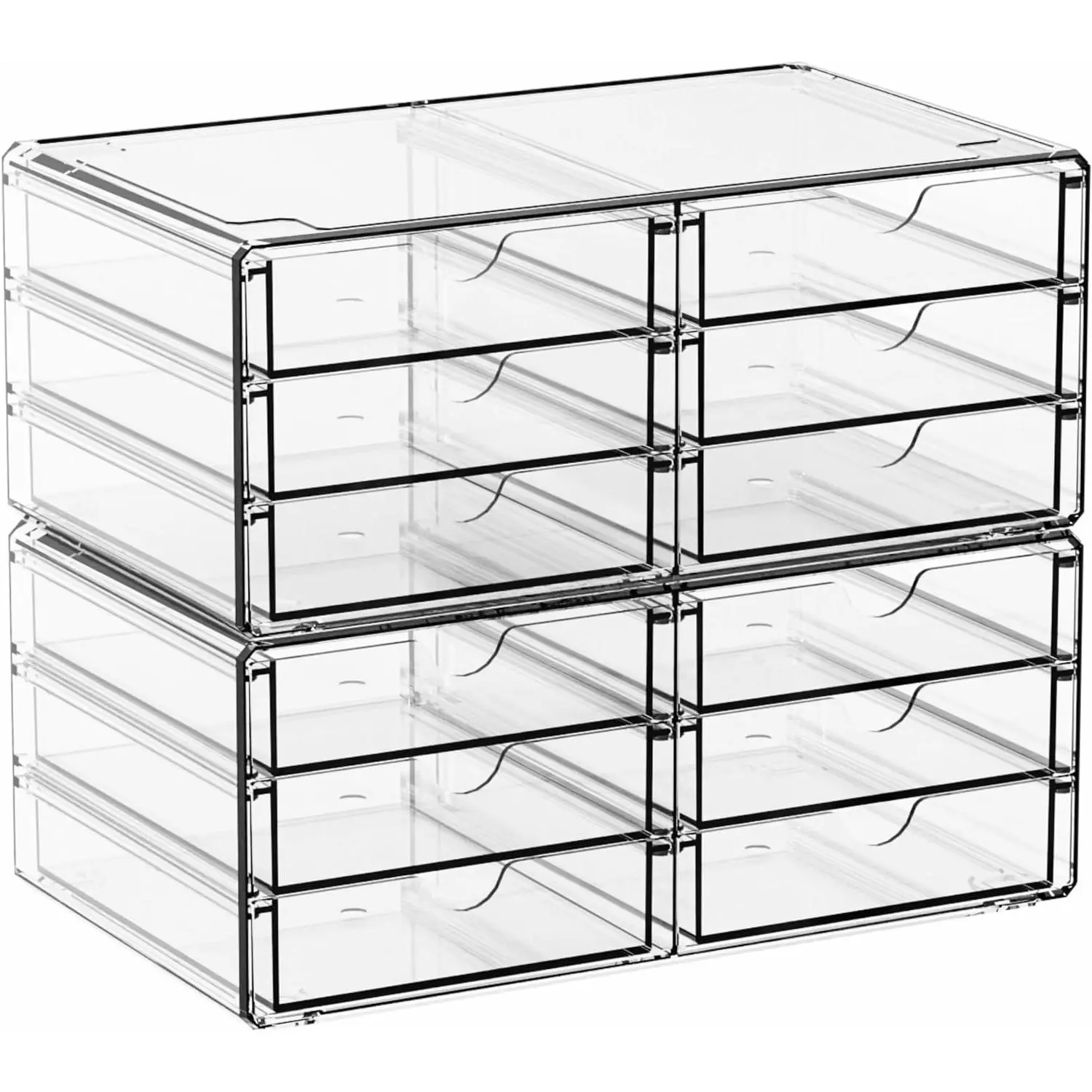 2 Pack Acrylic Storage Drawers with 12 Small Drawers, Stackable Clear Plastic Organizer for Office, Makeup, Craft Supplies, Pens, Stationery, Accessories, DeskGift