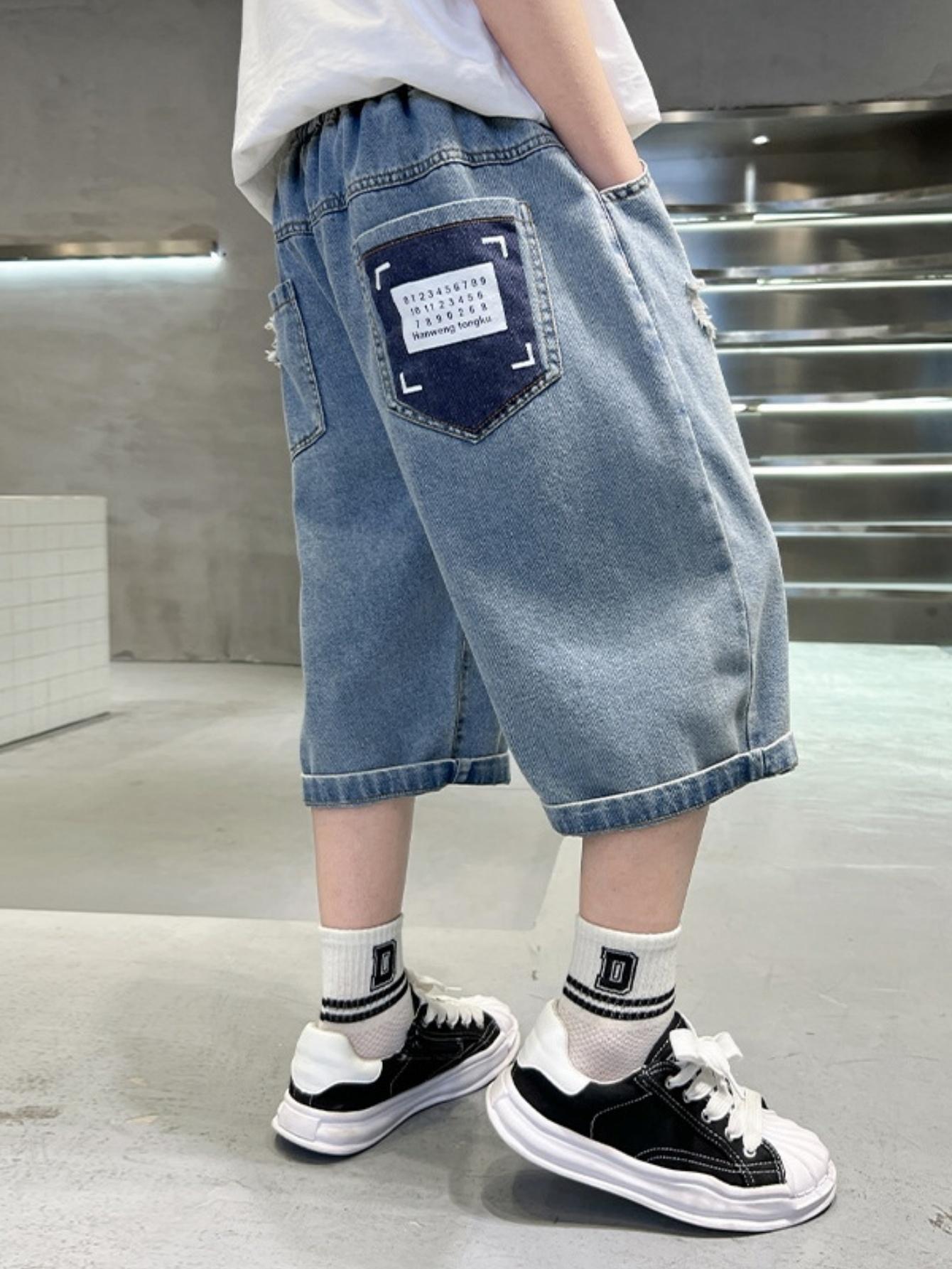(New)Boys' Faux Denim Pants, a Valentine'S Day Gift, Enhance Body Shape, Featuring Letter Patterns, Comfortable And Stylish Cropped Pants, Perfect for Summer, Versatile for Casual And Sporty Looks, Suitable for Various Styles