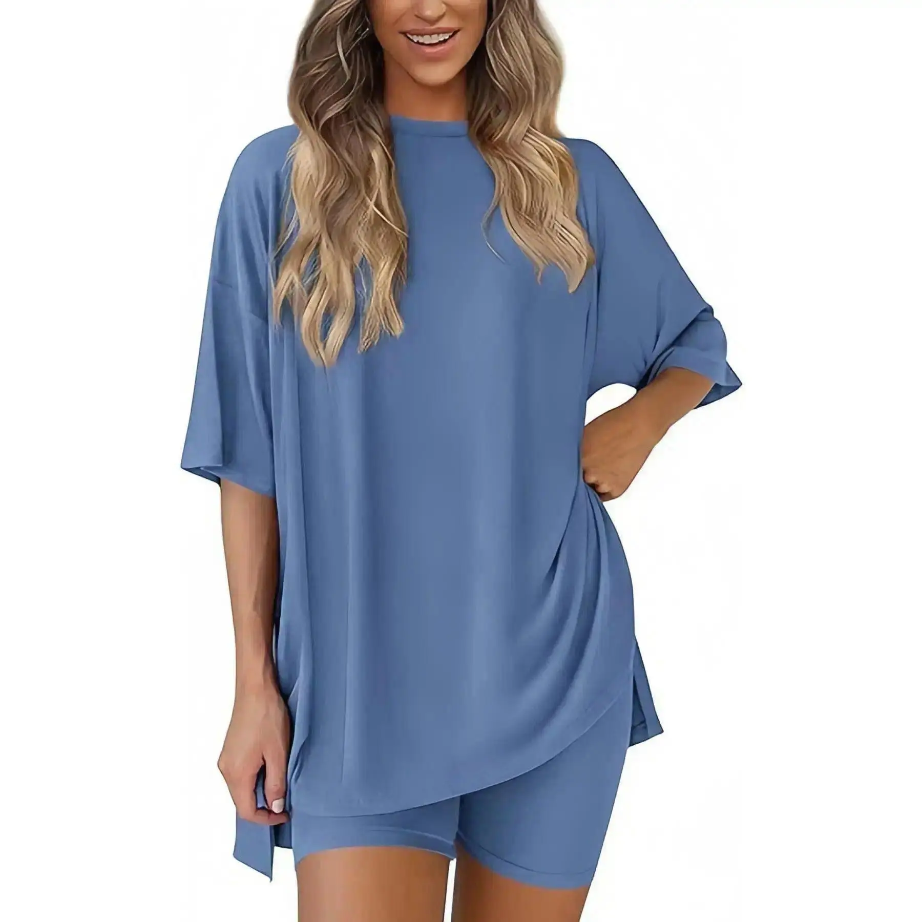 Women’s Casual Lounge Set, Oversized Crew Neck T Shirt and Lounge Shorts, 2 Piece Homewear Outfit