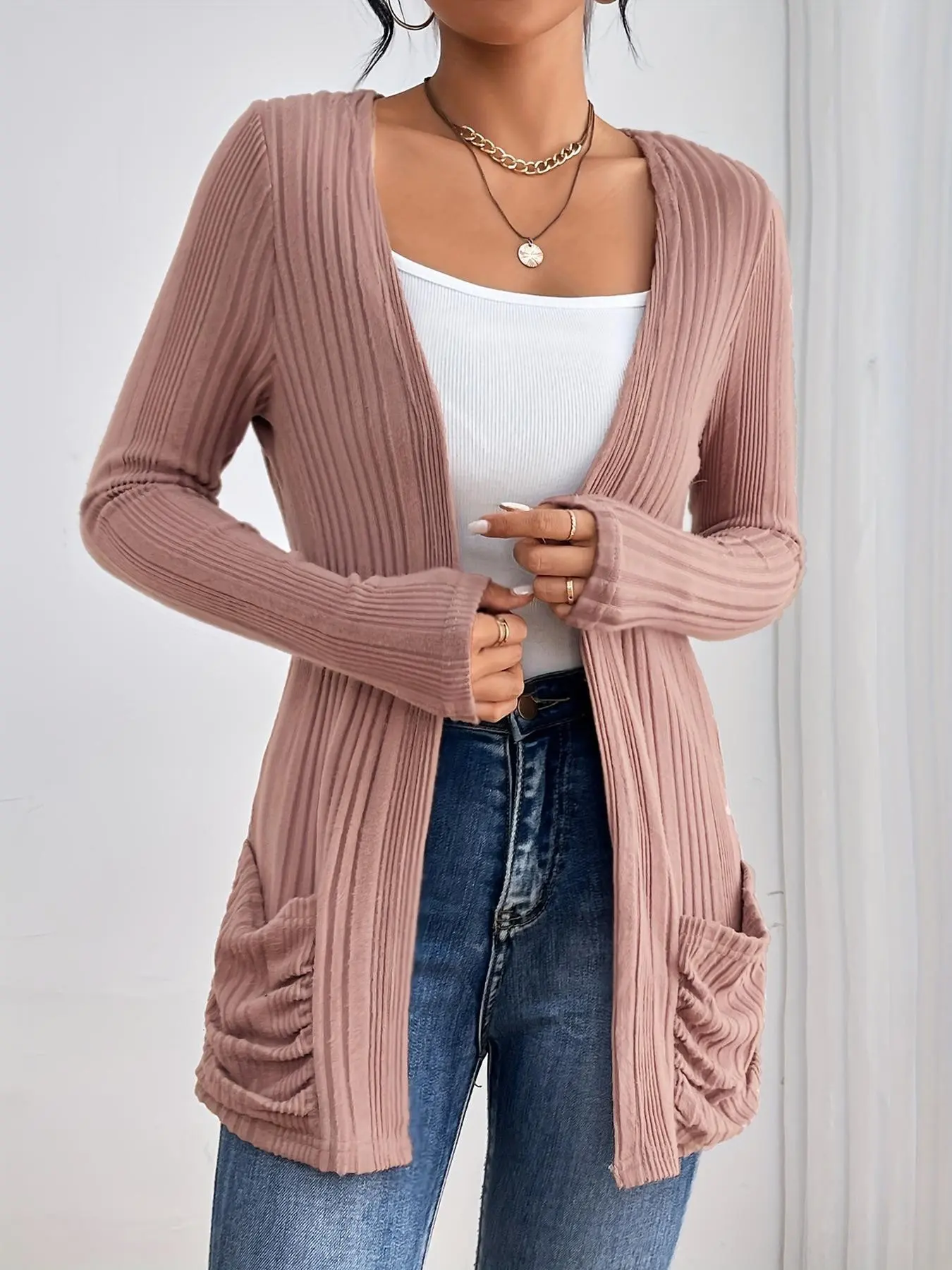 Women's Long Sleeve Open Front Cardigan Coat, Casual Chic Knitwear, Front Pocket Design, Ideal for Daily Commute, Stylish and Practical Outerwear