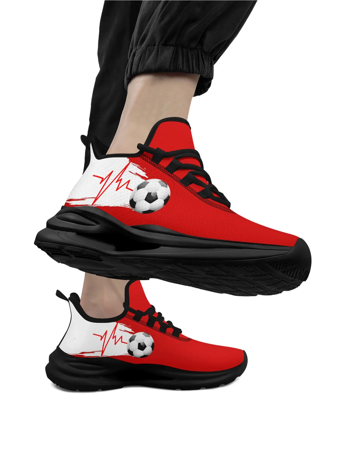 Men's Vibrant Red Soccer Ball EKG Design Running Shoes, Sporty Breathable Slip On Trainers, Comfortable Casual Footwear