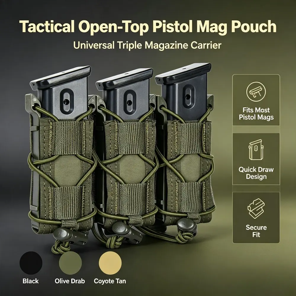 Tactical Open-Top Pistol Ammunition Storage Kit, Triple Magazine Pouch, Universal 9mm Magazine Bag, Nylon Material, No Ca Prop 65