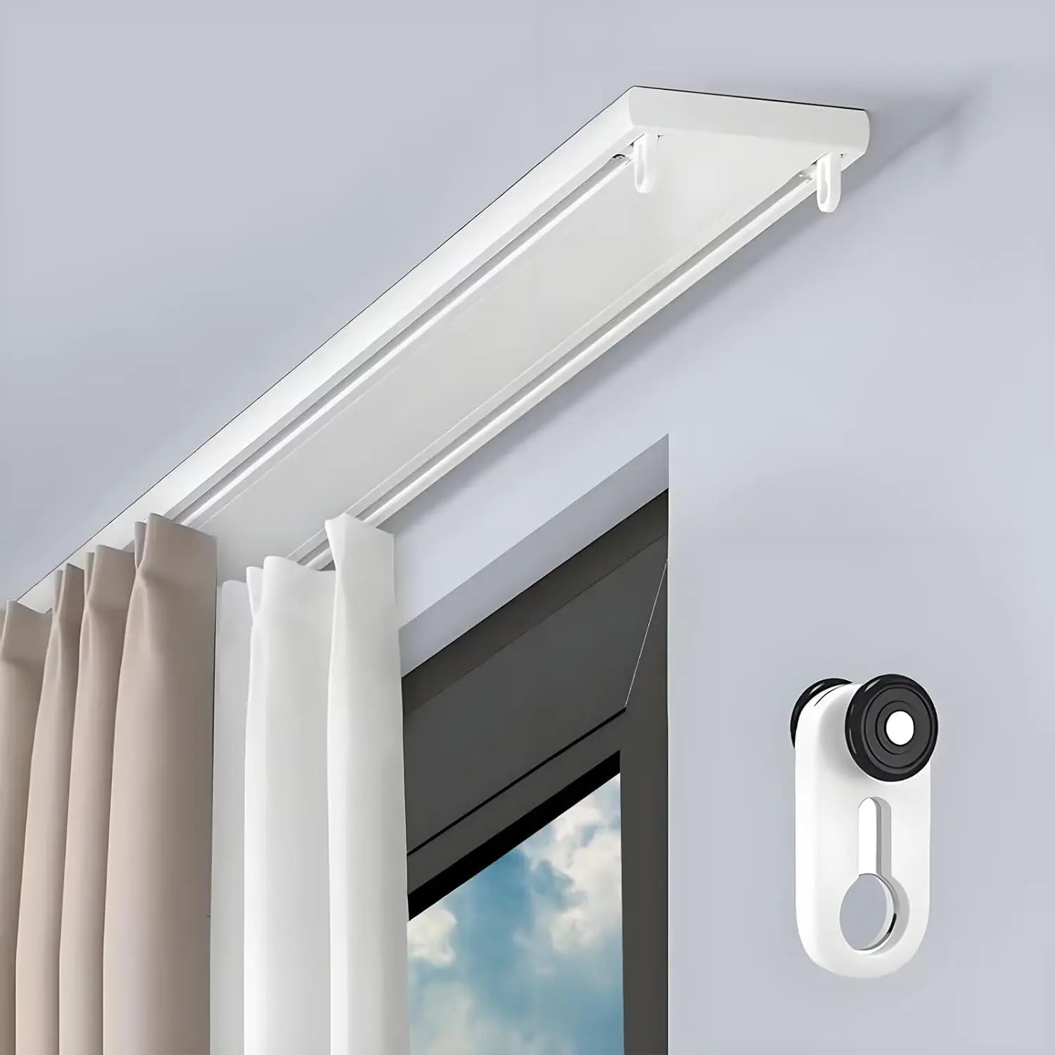 Double Curtain Track Ceiling Mounted Aluminum Curtain Rails Silent Slider Track System for Bedroom Kitchen Room Divider White 1m(3.3ft)