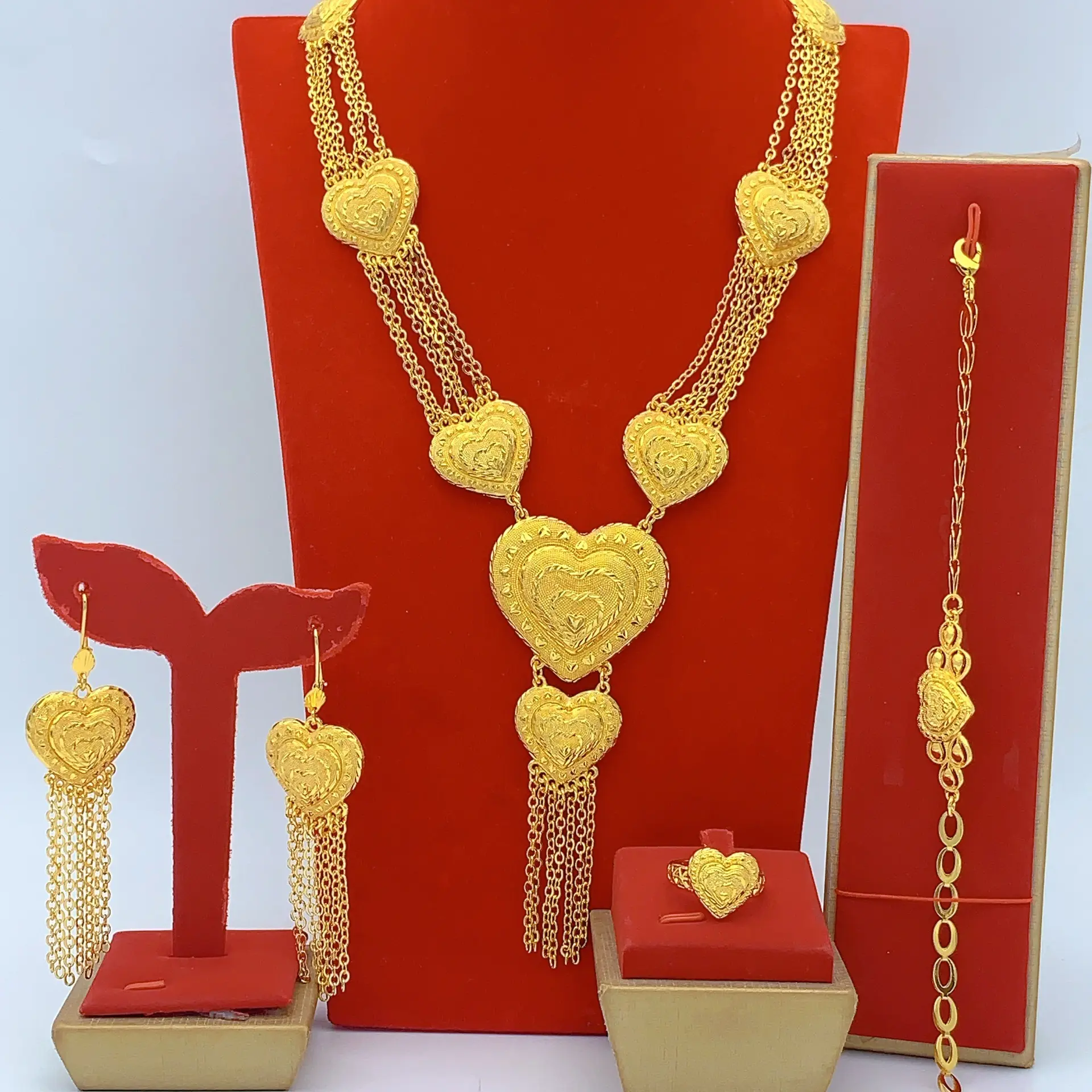 Vintage Engraved Heart Jewelry Set for Women, 4-Piece Gold Plated Alloy with Multi-layered Pendant Necklace, Tassel Drop Earrings, Bracelet & Adjustable Ring, Female, Party, Wedding