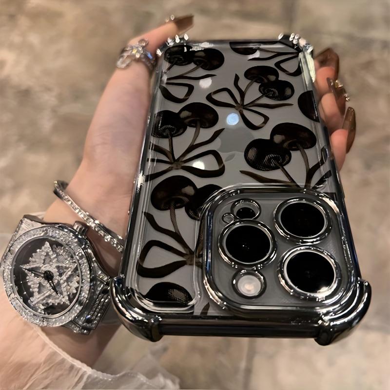 Black Cherry Pattern Four-corner Thickened Mobile Phone Case for iPhone 17 Air 16 15 14 13 12 11 Pro Max Plus border Electroplating with counter-fall Safety Cushion 2D printing Decorative Smartphone Protector Protection