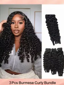 3 Pieces Myanmar Curly Human Hair Bundles, Elf Small Curl Spiral Ends, Natural Color Myanmar Original Hair Strands, Real Hair Extensions