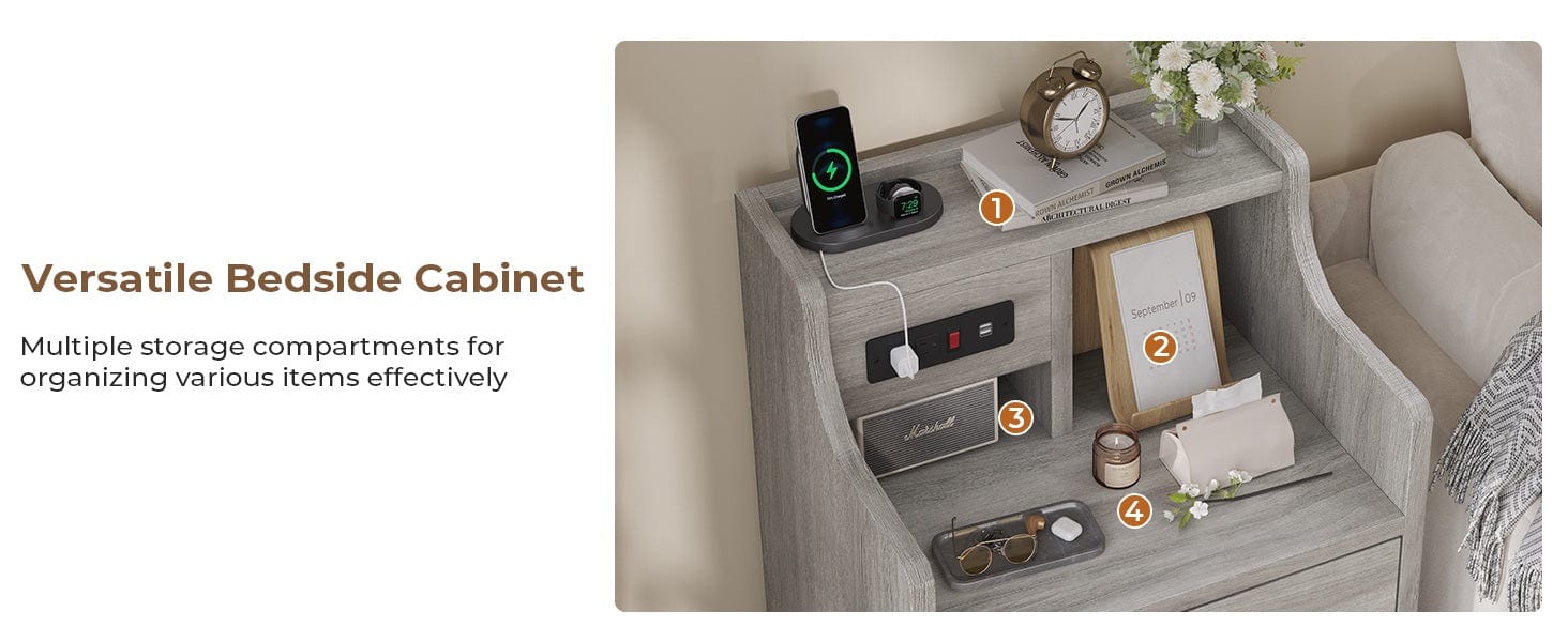 Sikaic Grey Nightstand with 3 Drawers & Charging Station Modern Bedside Table 2 USB Ports 2 Outlets for Phones Tablets Ideal for Bedroom Essentials