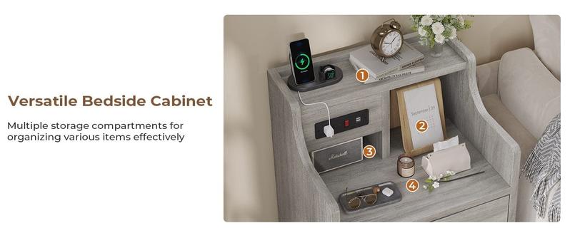 Sikaic Grey Nightstand with 3 Drawers & Charging Station Modern Bedside Table 2 USB Ports 2 Outlets for Phones Tablets Ideal for Bedroom Essentials