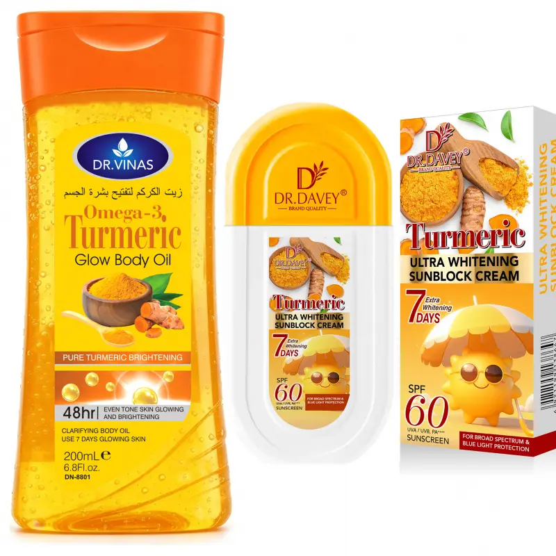 Turmeric Set Body OIL+Sunscreen Skincare Oil Moisturizing and Moisturizing, Hydrating, Suitable for All Seasons, Clear and Water Feeling Sunscreen, Refreshing and Non greasy, UV resistant Sunscreen for Body, Face, Hand, Lip, Eye, Travel