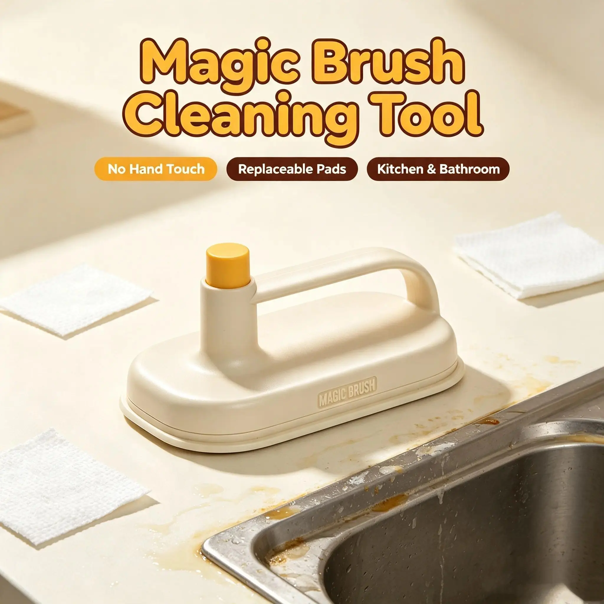Multi-Surface Plastic Kitchen & Bathroom Magic Brush Set with Storage Box, Replaceable Scouring Pad, Home Care Cleaning Supplies