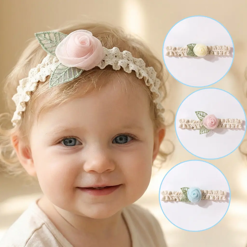 Baby Girls' Elastic Lace Crown Headband - Hollow-Out Floral Rose Design, One Size, All Seasons Sports & Outdoor Accessory, Photography Prop, Birthday Gift