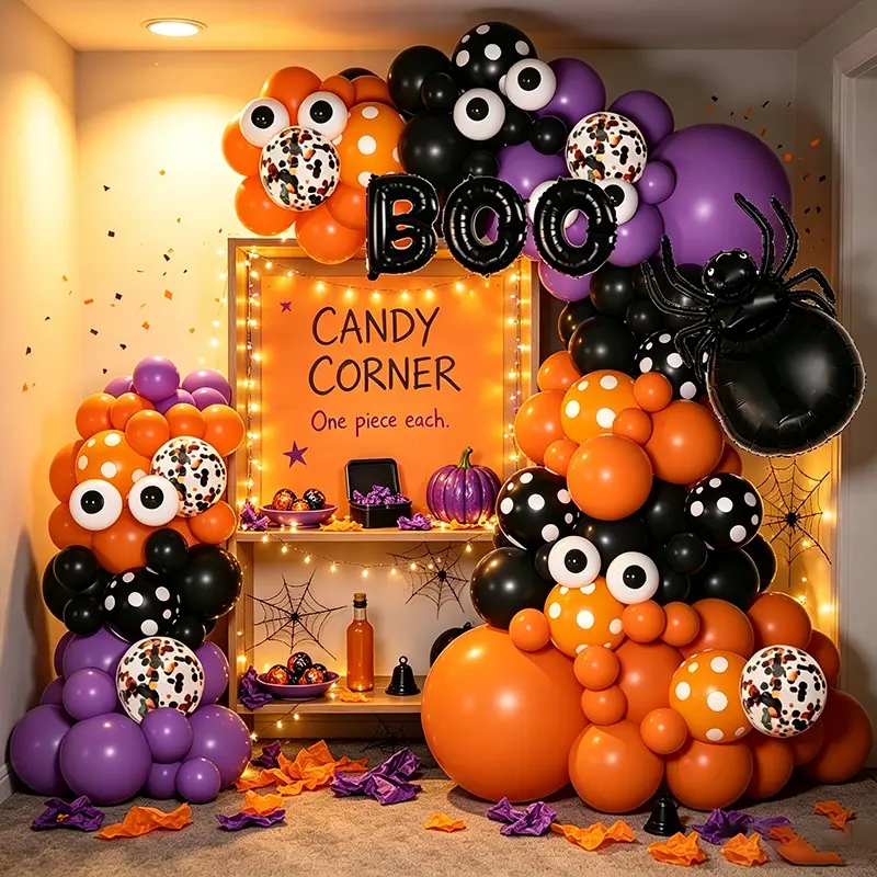 116pcs Spooky Halloween Balloon Arch Kit, Balloons, Giant Spider, 16" Boo Foil Balloon, Haunted House Decor
