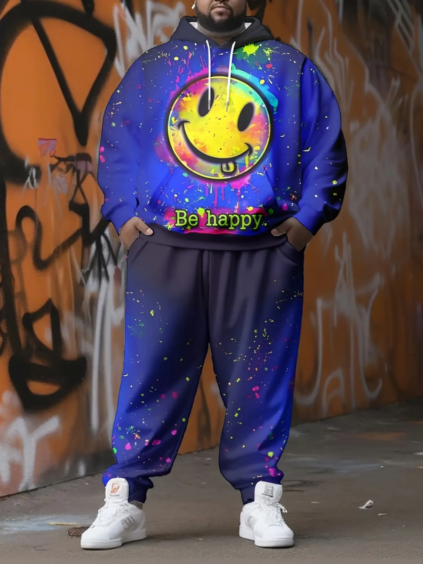 Plus Size Men's 2-Piece Set, Gradient Rainbow Smile Sweatshirt and Pants, American Style, Full Print Hooded Set, All Seasons