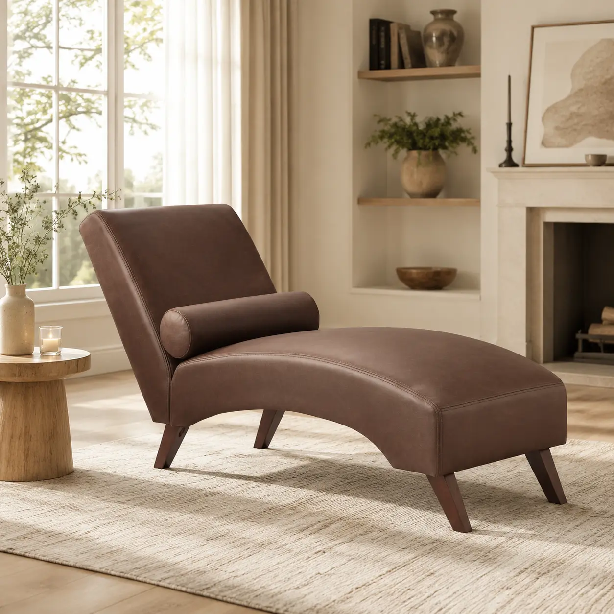 Littleox Chaise Lounge Chair with Bolster Pillow, Upholstered in Premium Tech Fabric – Mid-Century Modern Curved Lounger for Living Room, Bedroom & Reading Nook, 400 lbs Capacity