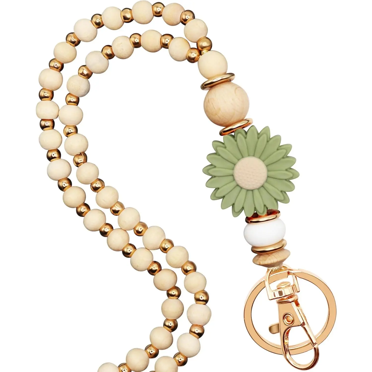 Wooden Teacher Lanyards for Id Badge Cute Flower  and  Beaded  Lanyards for Women Stylish ID Holder