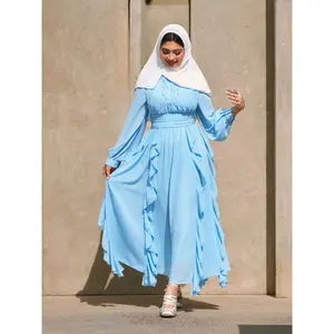 Cider Chiffon Stand Collar Ruffled Lantern Sleeve Flared Maxi Dress