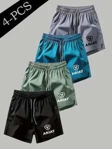 4 Pcs Men's Ice Silk Quick-Dry Shorts, Bull Logo Print, Zip Pocket, Elastic Drawstring, Sporty Fitted, Outdoor Fitness Beachwear