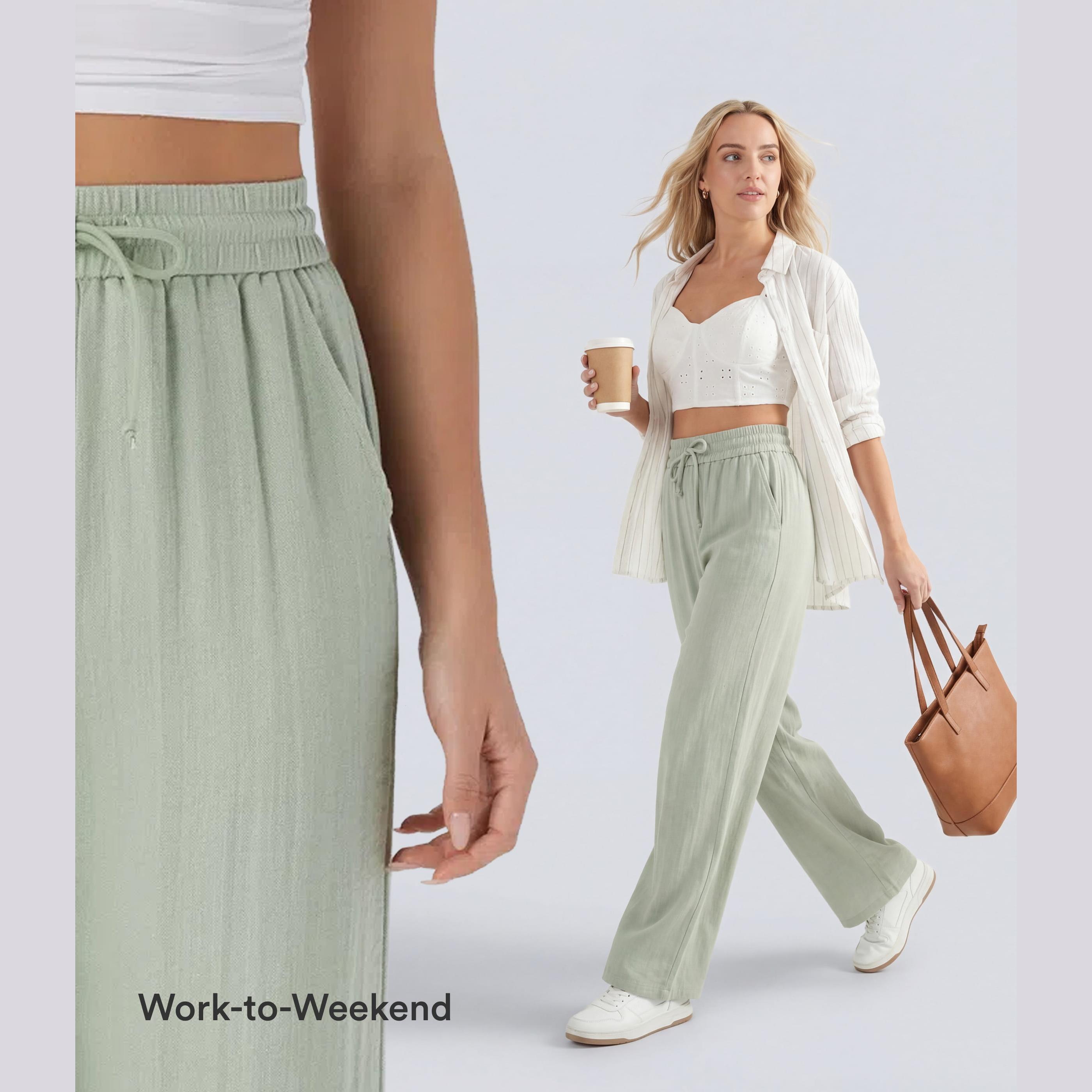 Halara High Waisted Drawstring Pocket Wide Leg Baggy Casual Linen-Feel Pants