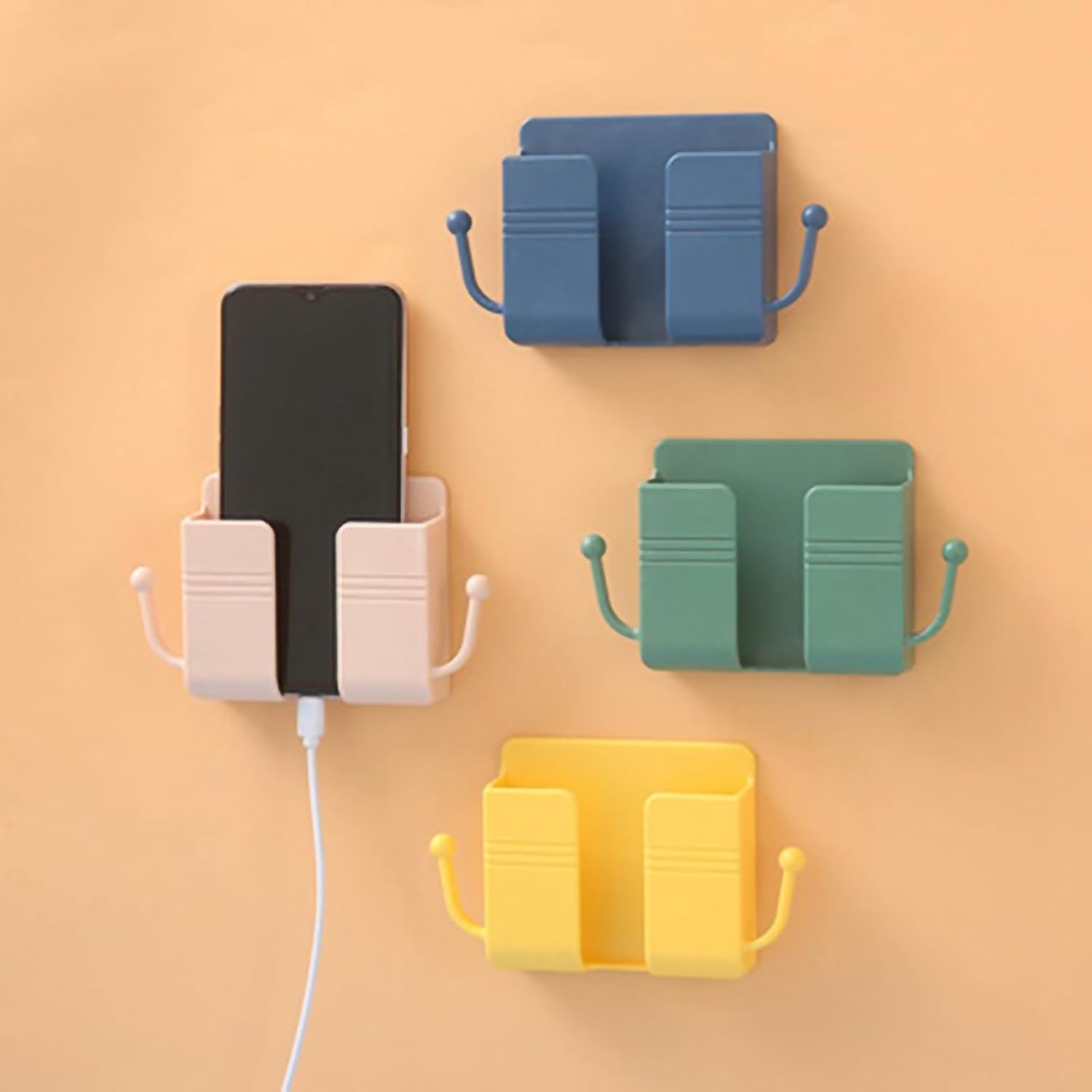 2-Piece Multi-Functional Cell Phone Holder Set, No-Drill Vehicle Wall-Mounted Car Interior Accessory with Data Cable, Compatible with Remote Controls & Phone Plugs, Receiver Position in Random Color