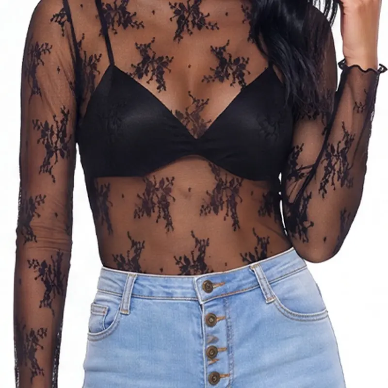 Women's Floral Lace One-Piece Bodysuit, Long Sleeve Style for Spring and Daily Wear