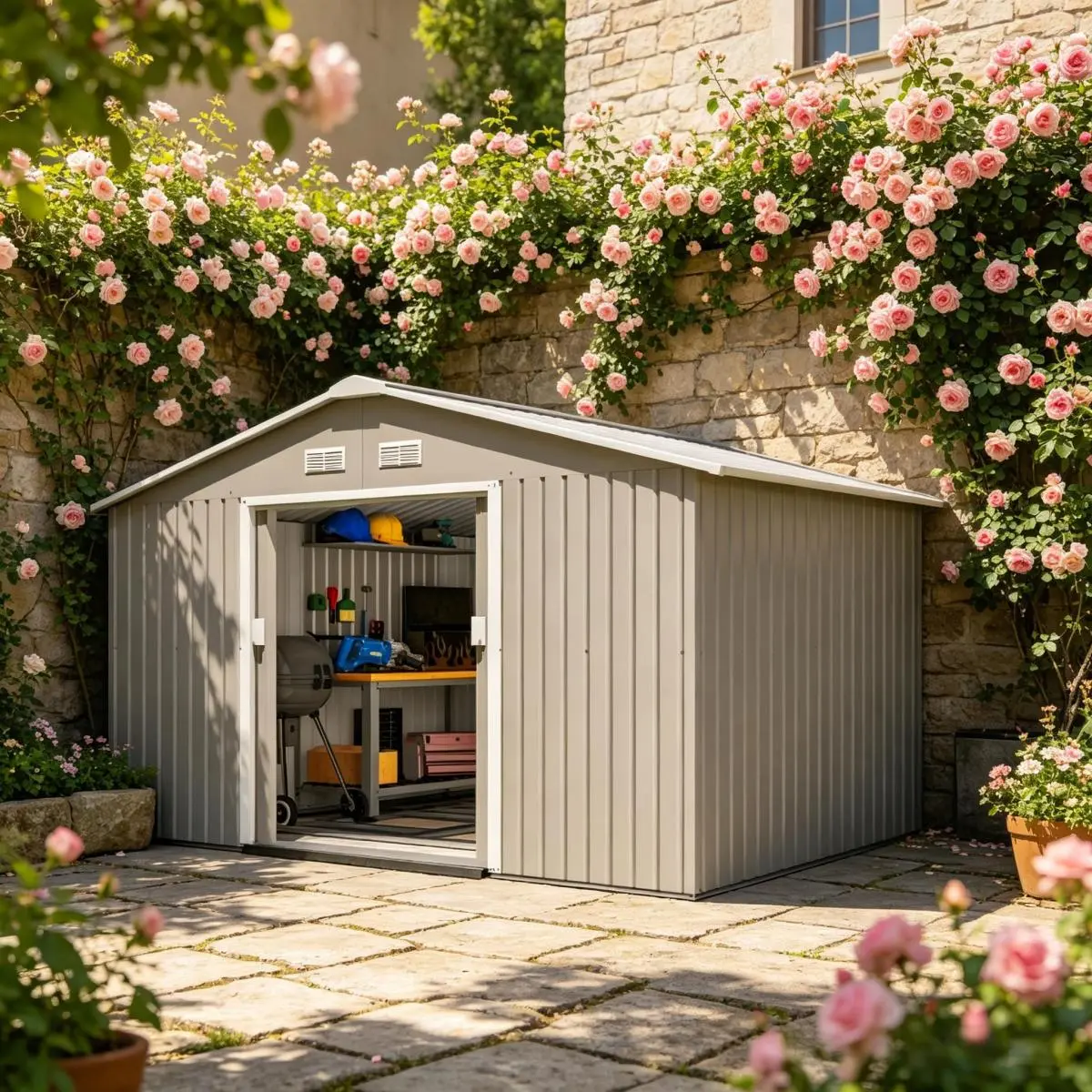 AobtkelDurable Outdoor Storage Shed with Four Strategically Placed Vents,Backyard Tools Storage Shed,Garden Metal Shed On-Site