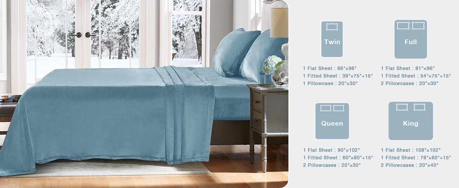 Fleece Sheets Queen Size, Flannel Like Soft, Fuzzy Warm Plush Sheets, Velvet Microfleece Bedding for Winter, Light Blue