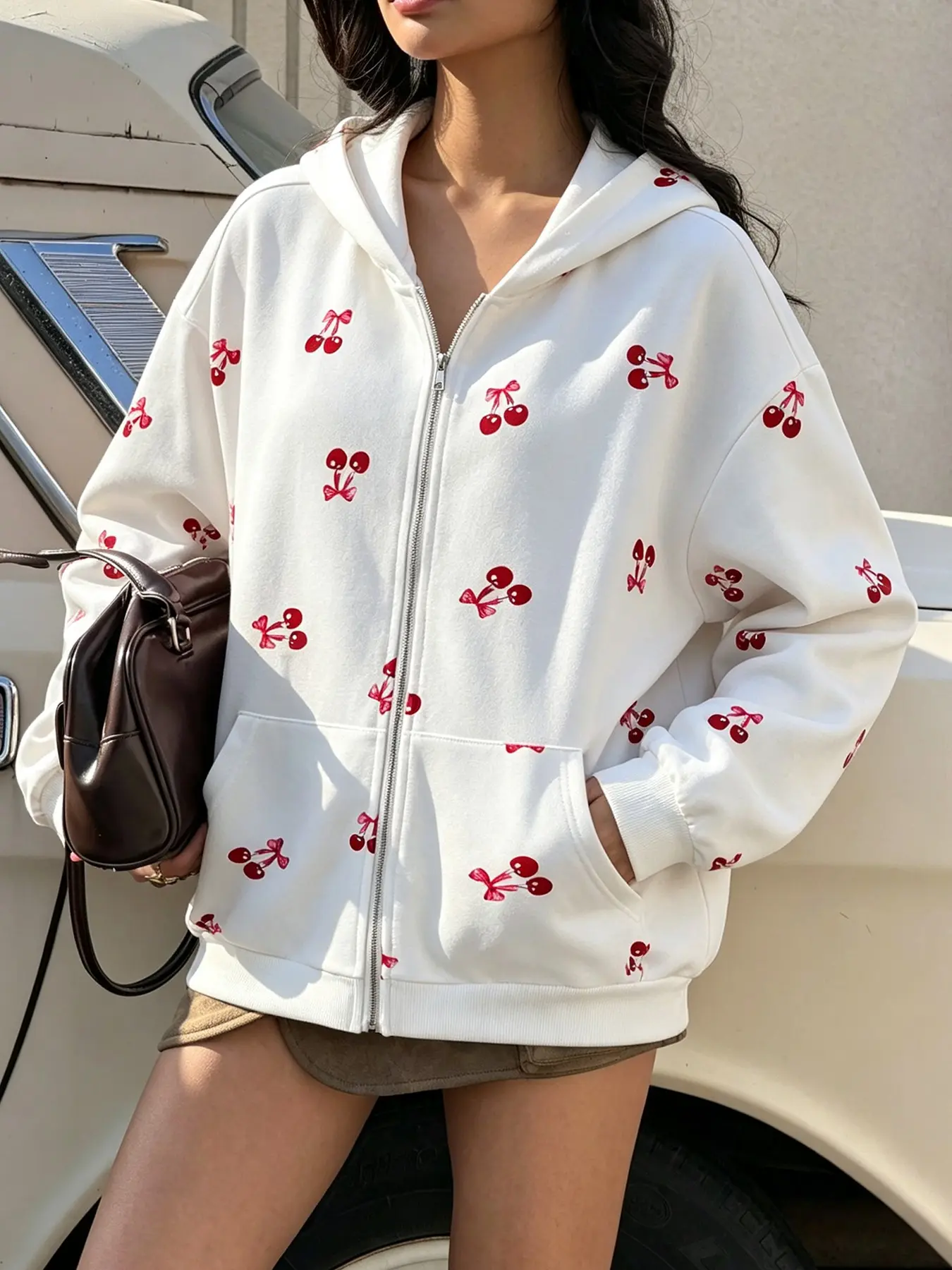 Women's Cherry Print Casual Loose-Fit Hoodie, Soft Comfortable Fall & Winter Sweatshirt, Perfect for Daily Wear and Street Style