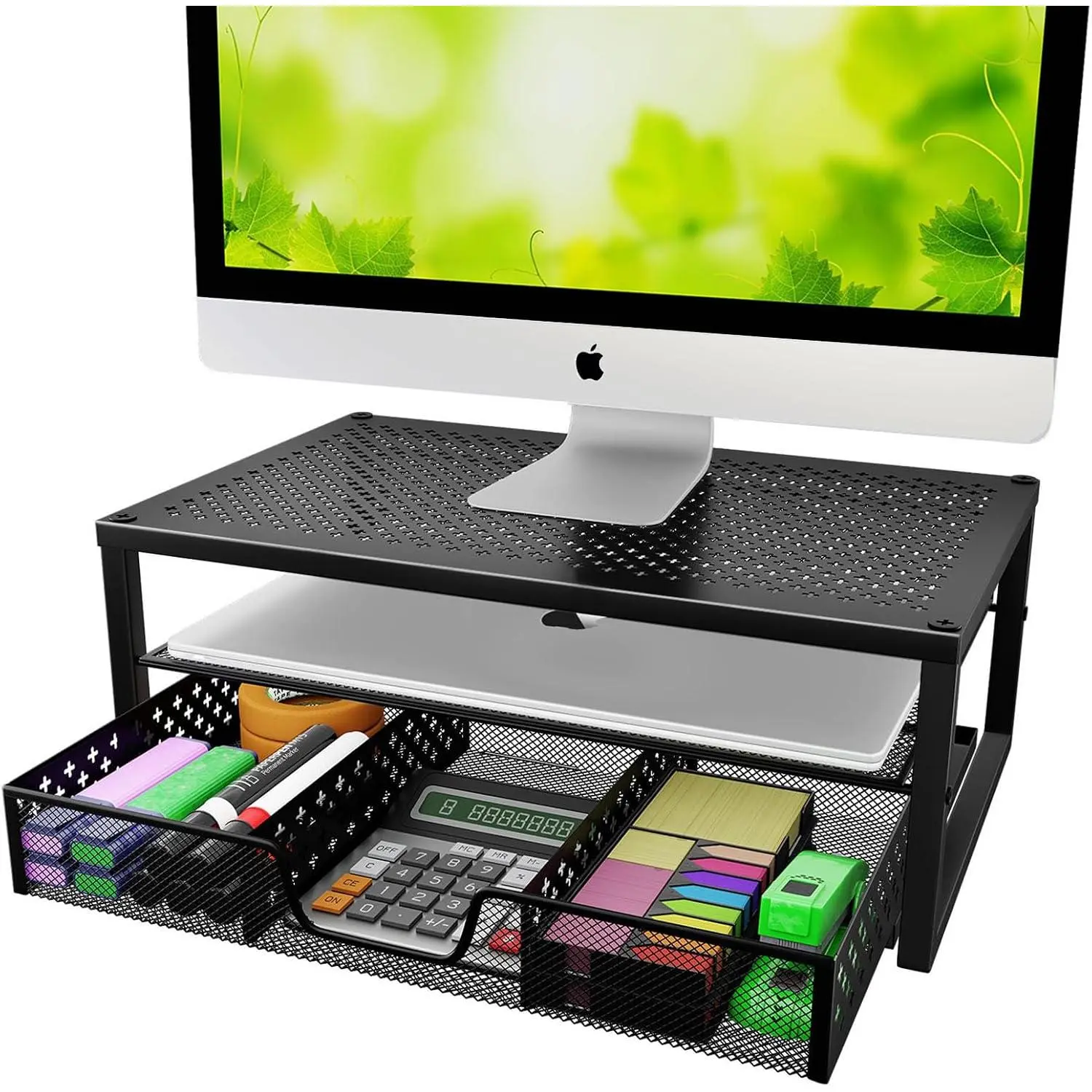 Metal  Stand Riser and  Desk Organizer with Drawer for Laptop, , iMac, Black | 16"W x 10"D x 6.25"H. Sturdy Metal Frame. 2-tier + drawer. Holds 66 lbs. Anti-slip. Fits laptop, , iMac. Easy assembly