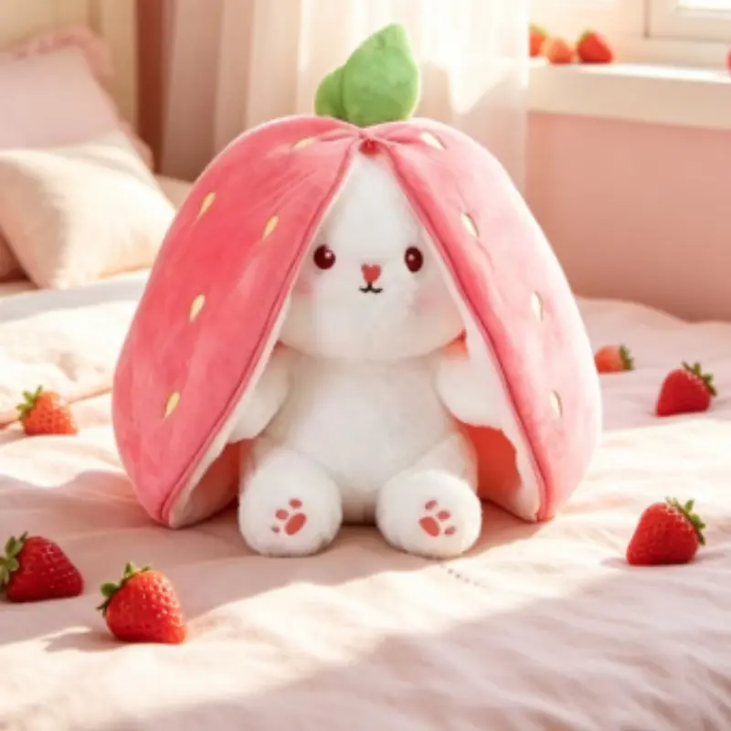 Cute Strawberry Rabbit Plush Toy, Transforming Carrot Bunny Huggable Stuffed Animal, Small Fruit Doll, Wholesale Available, Trendy Design