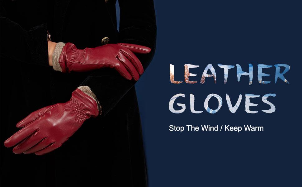 Winter Leather Gloves for Women, Wool Fleece Lined Warm Gloves, Touchscreen Texting Thick Thermal Snow Driving Gloves