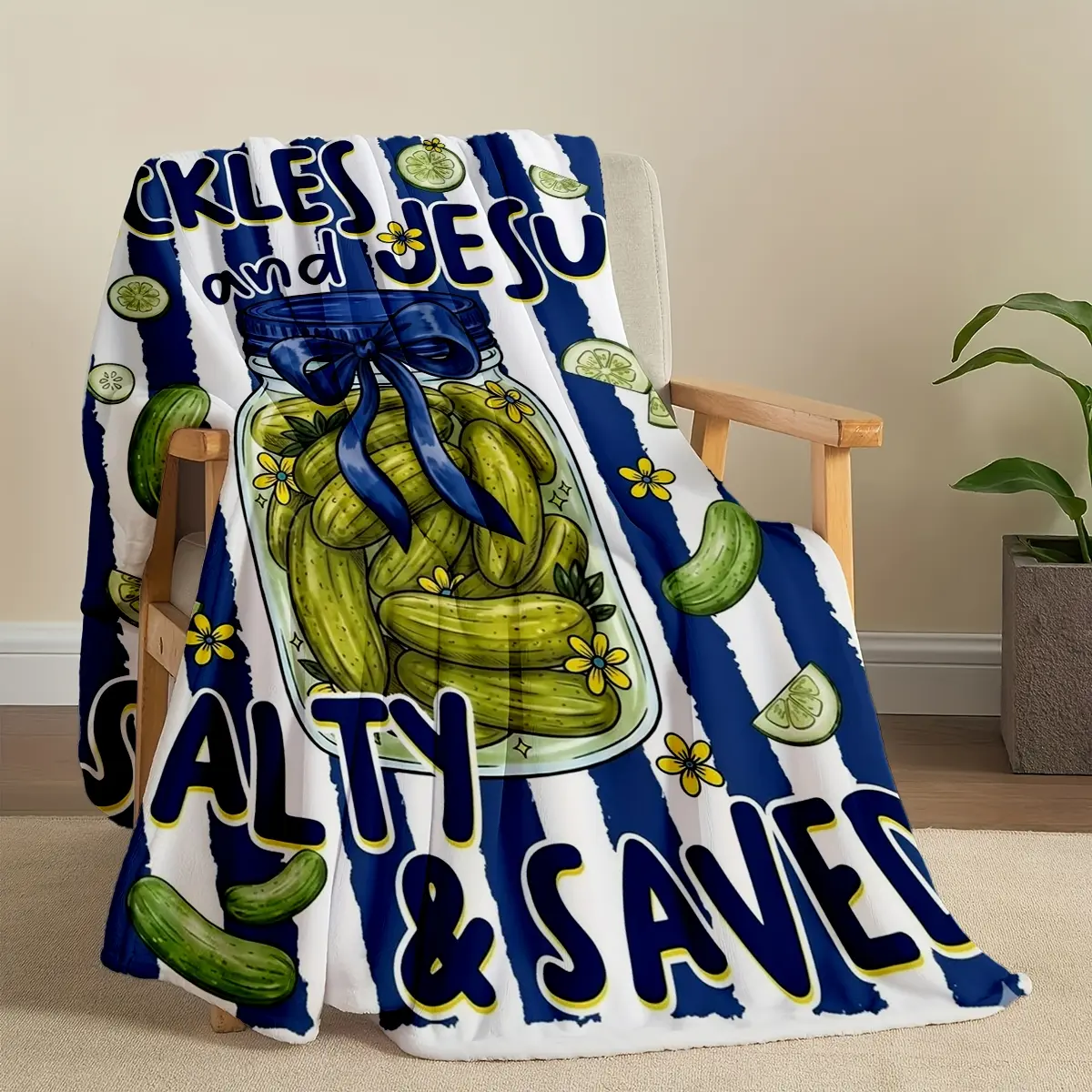 1PC Blue White Stripe Pickle Jar Funny Quote Flannel Blanket, Pickles And Jesus Salty & Saved Cartoon Print Soft Throw Blanket, Pickle Lover Nap Cover For Sofa Office, All Season Cute Unique Decor Bed Throw
