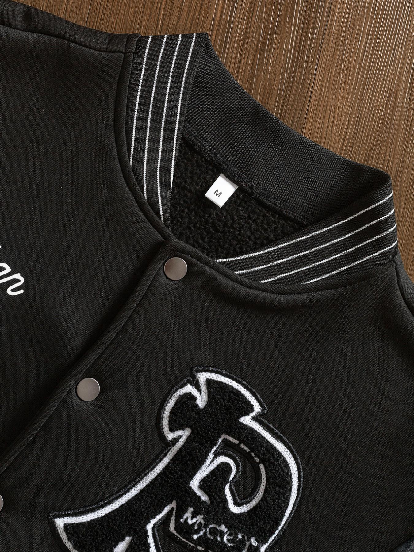 Unisex Men's Letter & Bat Patched Varsity Jacket, Regular Fit Casual Street Long Sleeve Button Front Outerwear for Fall & Winter, Men's Clothes for Daily Wear