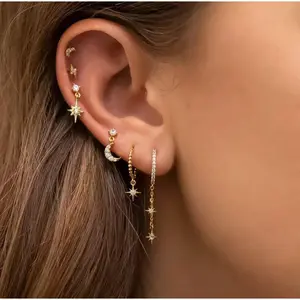 Long Chain Tassel Moon Star Hexagram Earrings for Women, Sparkling Zircon Stackable Layered Dangle Drop High-End Fashion Ear Jewelry