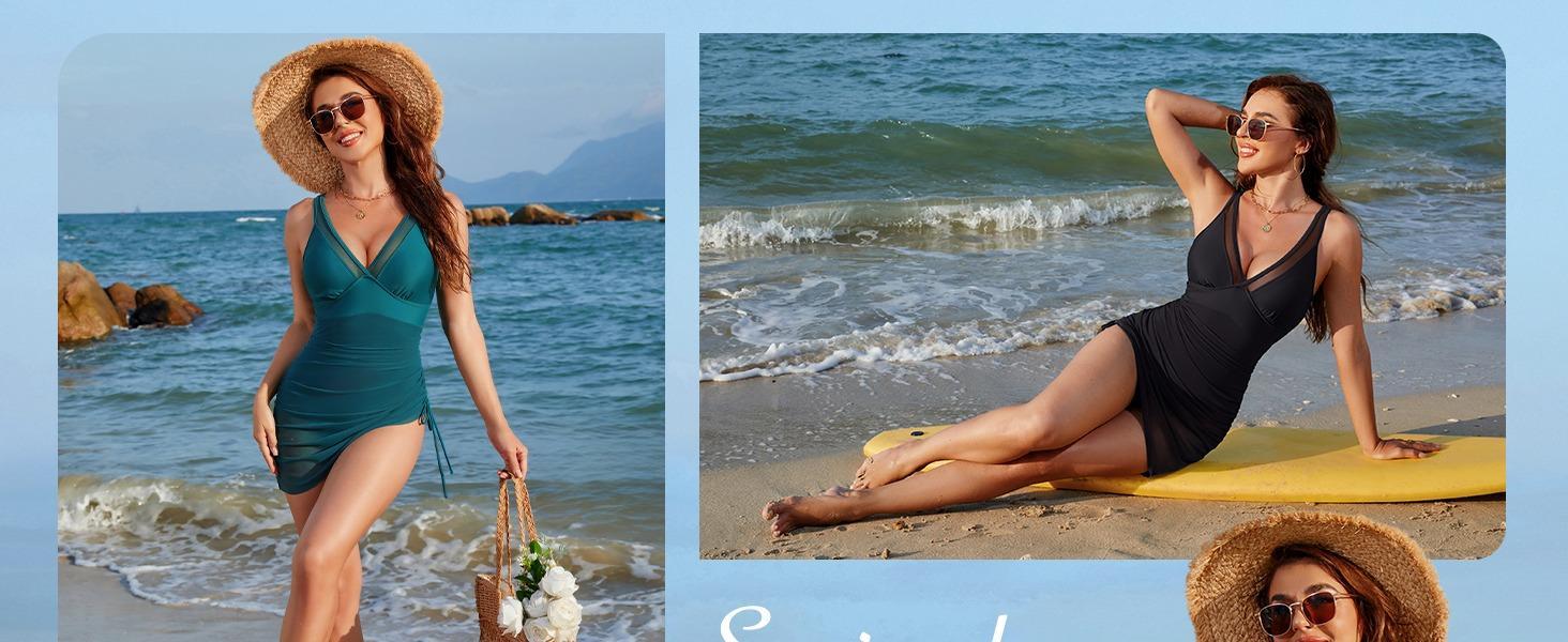 Women's Tummy Control One Piece Swim Dress Slimming Mesh Sheer Sarong Wraps Bathing Suit Modest V Neck Cut Out Swimsuit for Women 2026 - Womenswear Overalls Sleeveless Maternity Square rompers jumpsuit eyelet Rhinestone Off-Shoulder backless