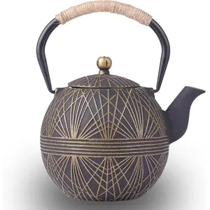 Enameled Cast Iron Teapot 34oz 1000ml - Japanese Style Kettle with Removable Stainless Infuser & Ergonomic Handle, Stovetop Safe for Loose Leaf Tea Green and silver Black Gold