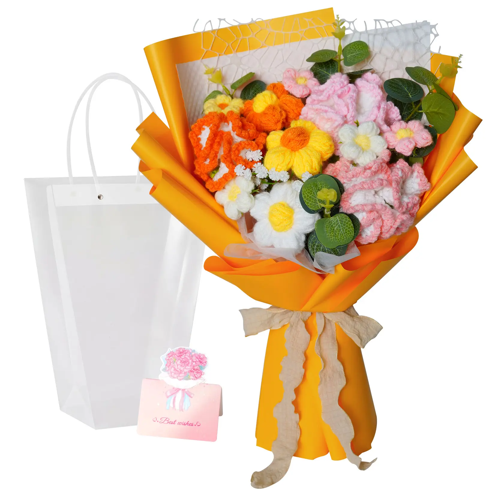 Garvee Handcrafted Yarn Woven Flower Bouquet – Lasting Faux Floral Arrangement with Gift Bag & Best Wishes Card – Distinctive Gift for Home Decor, Birthday, Mother's Day, Special Occasions