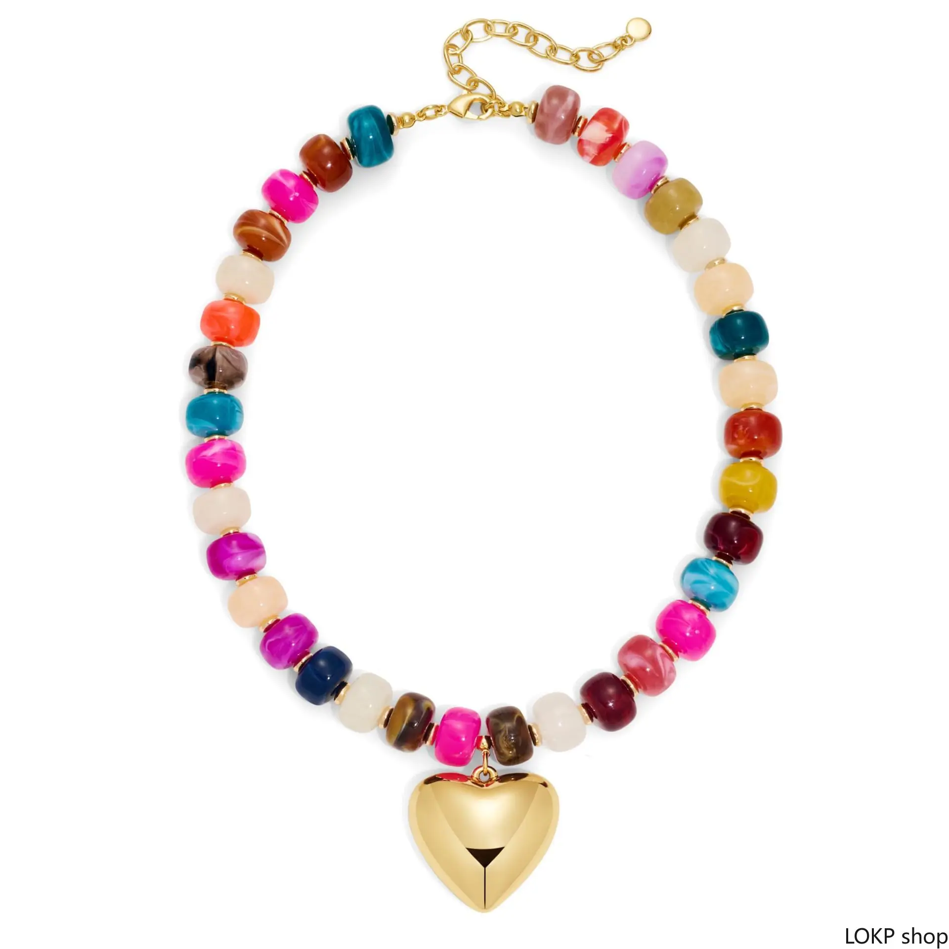 Colorful Beaded Choker Necklace for Women, Chunky Gold Puffy Heart Bold Pendant, Resin Acrylic Beaded Mix for Daily Trendy Wear, Necklaces For Women, Choker Length, Chunky Heart, Everyday, Heart Centerpiece