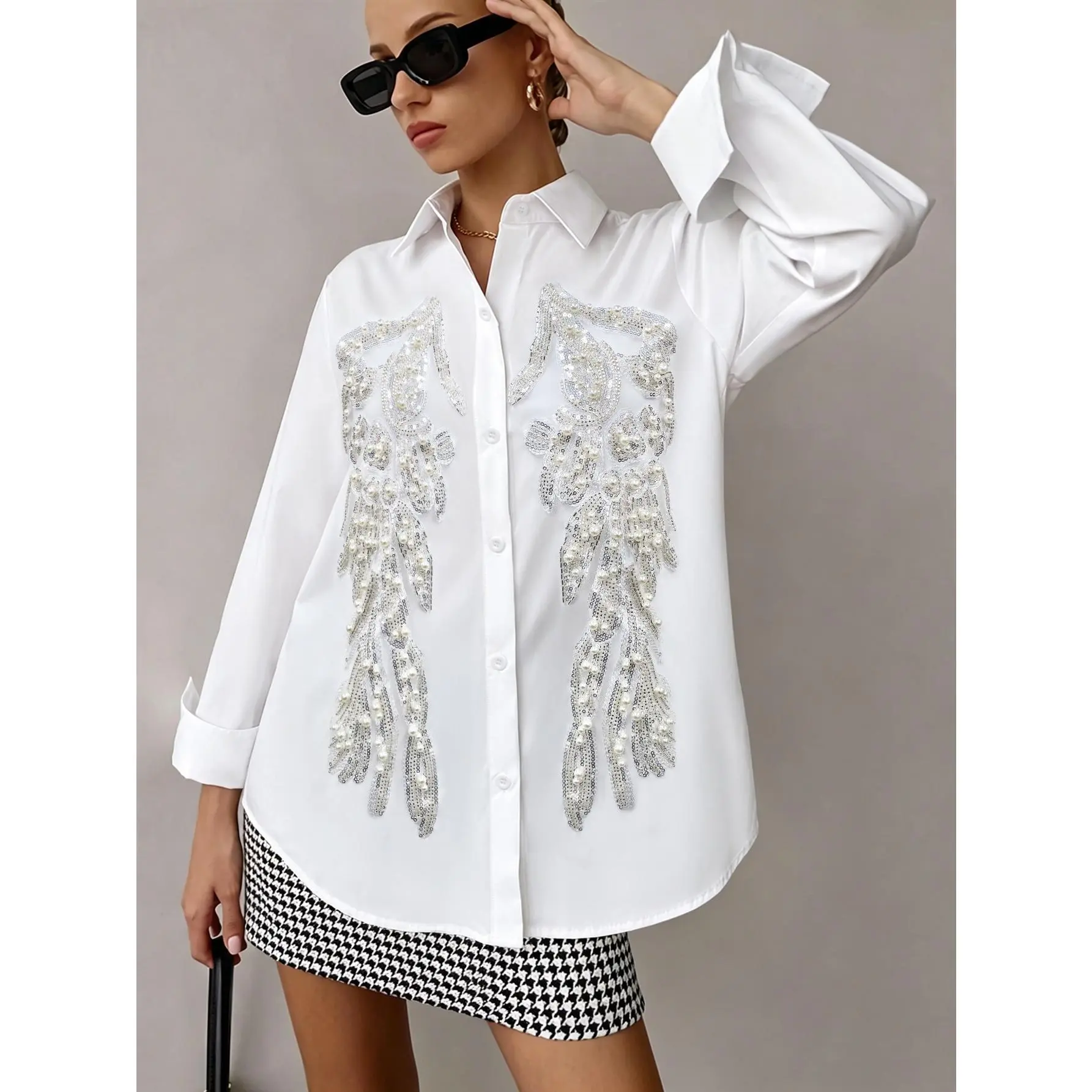 ASANDY Women's White Longsleeves Collared Button-Front Business Casual Blouse - Loose Plain Polyester Top with Pearl, Sequin, Lace, Feather Applique - Work Approved All-Season Chic Office Wear, Embellished Lace Blouses & Shirts