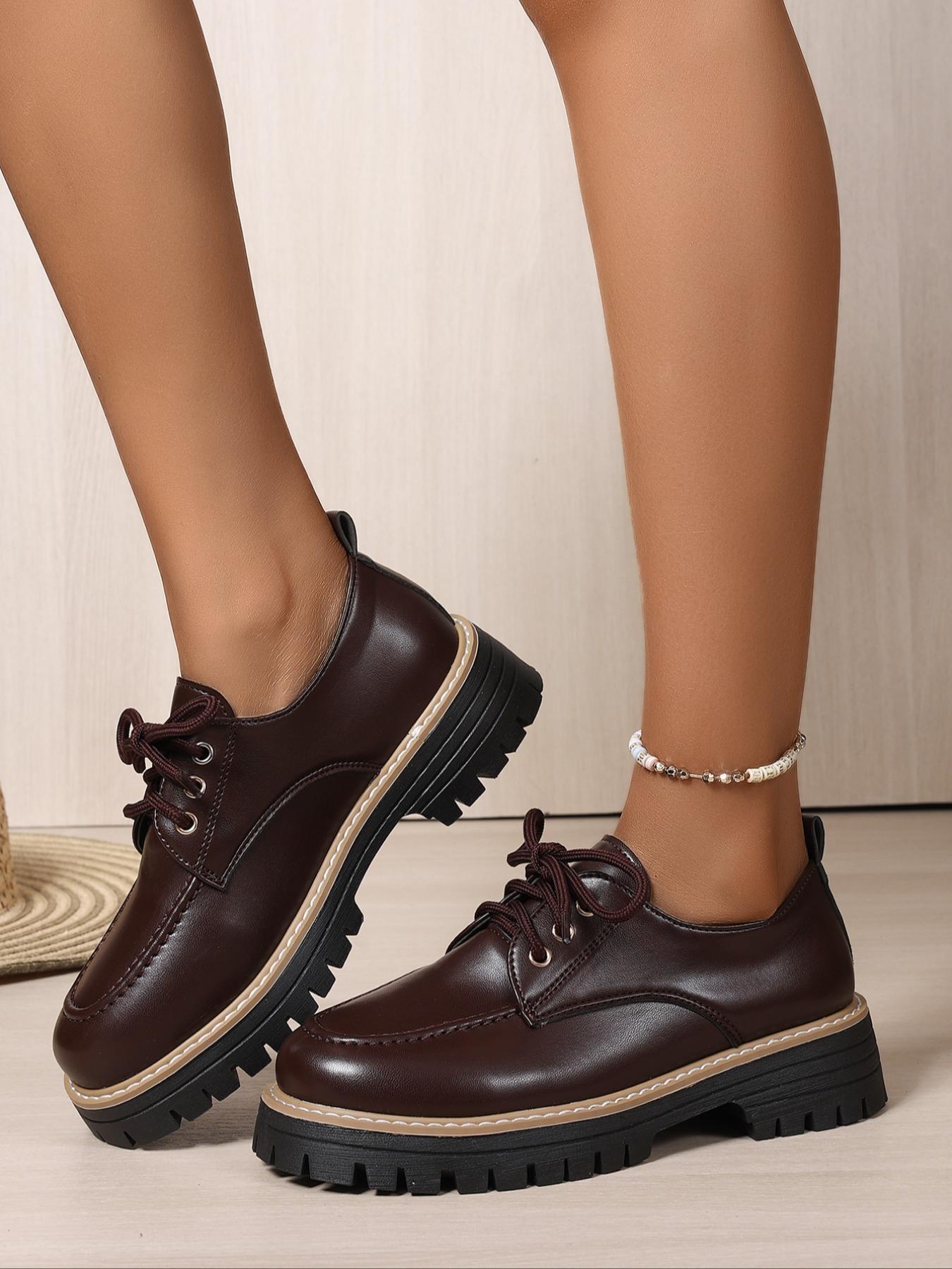 Women's Fashionable Solid Color Lace Up Loafers, Casual Comfortable Round Toe Office Commuting Shoes for Daily Wear, Lightweight Breathable Shoes for Women & Girls, Closed, Casual Business Shoes