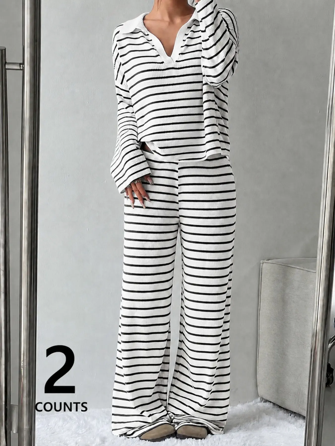 Women's Black White Stripe Collared Crop Long Sleeve & Wide Leg Pants 2 Piece Set, Waffle Knit Casual Loungewear Matching Co-Ord