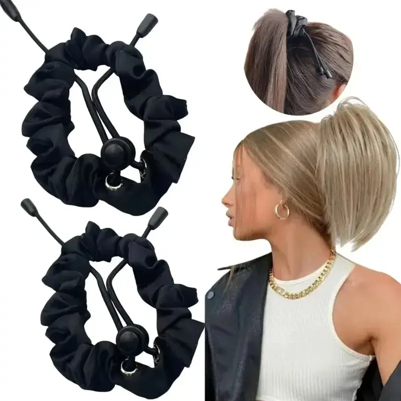 2-Pack Black Adjustable Satin Scrunchies for Thick Curly Natural Hair, Viral No-Damage Hair Ties for 4C Hair, Afro Puffs & Locs, Anti-Breakage Gentle Hold, No Slip Ponytail Bands for Sleeping, Workout, Daily Wear & Protective Styles
