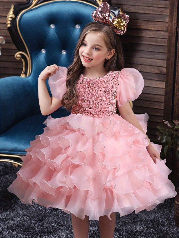Girls Sparkling Sequin Princess Dress Puff Sleeves Halloween Christmas Dance Performances Formal Dresses for Youngsters Stage Performance Skirt with Positioning Holes